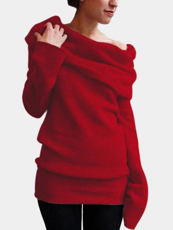 Weekend Discounts to Snag Custom Roll Neck One Shoulder Long Sleeve Red T-Shirts
