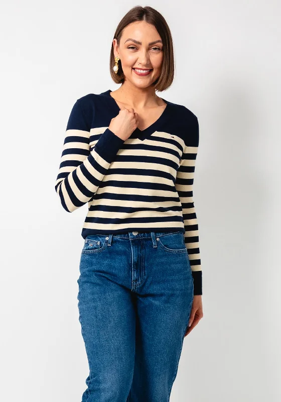 Price Drop Tommy Hilfiger Womens V-Neck Jersey Stitch Sweater, Navy & Beige