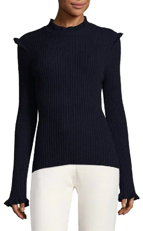 Midnight Sale Ribbed Ruffle Trim Wool Blend Sweater In Black