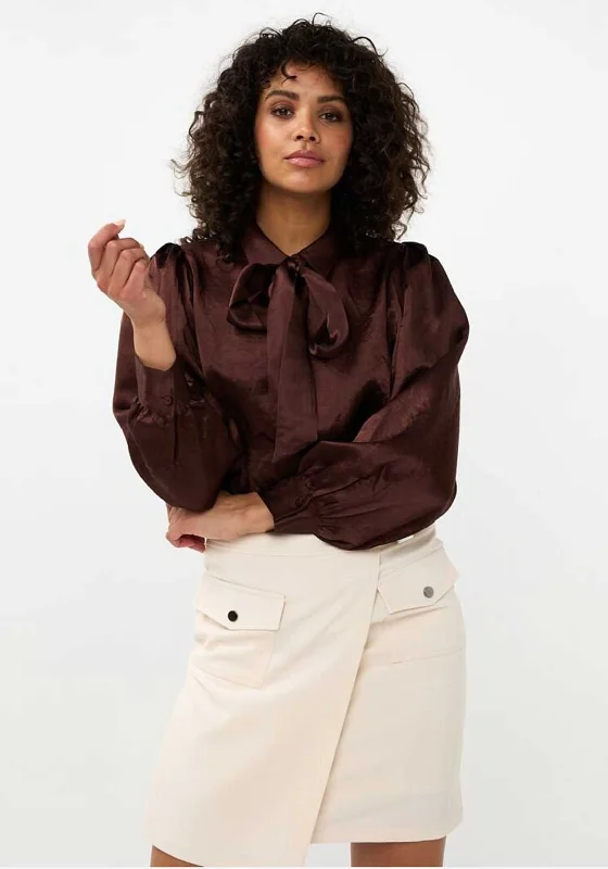 Weekend Discounts You Deserve EsQualo Crushed Satin Bow Blouse, Brown