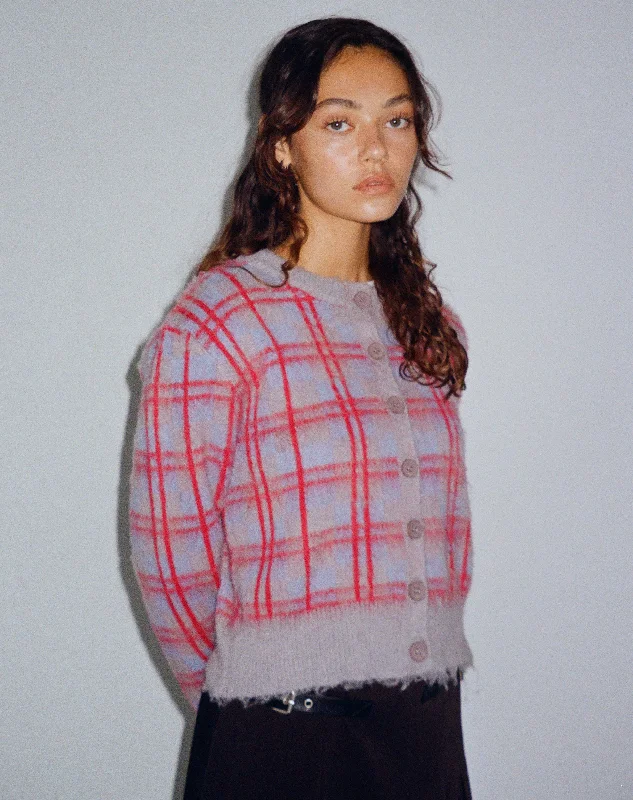 Stock Up and Save Anzio Button Up Cardigan in Multi Check Grey Blue and Red