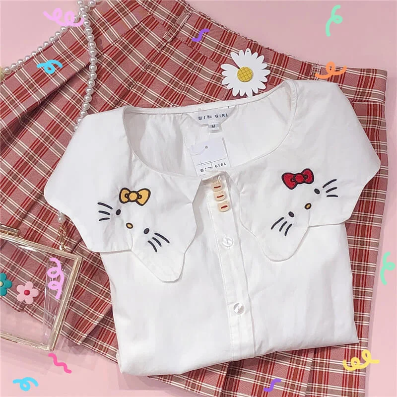 Best Seller CUTE CAT EMBROIDERY WHITE SHIRT BY42906