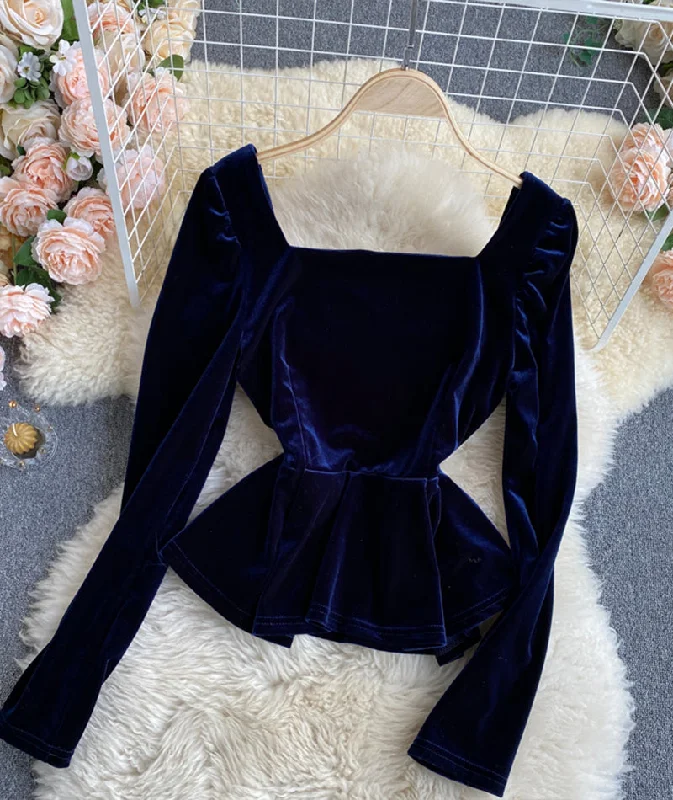 Weekend Specials to Cherish Simple velvet long sleeve tops 352