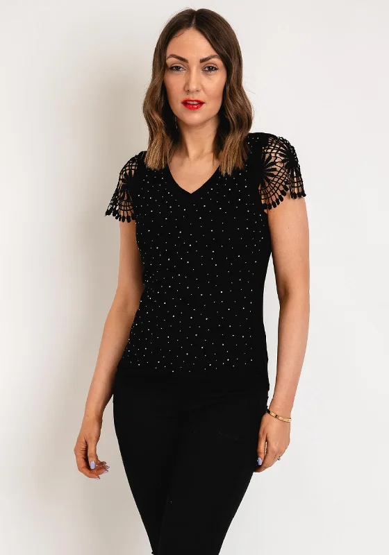 Lowest Rates Serafina Collection Rhinestone Crochet Sleeve Top, Black