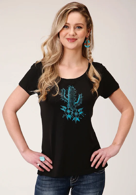 Weekend Offers That Shine Roper Womens Black Poly/Rayon Blue Cactus S/S T-Shirt