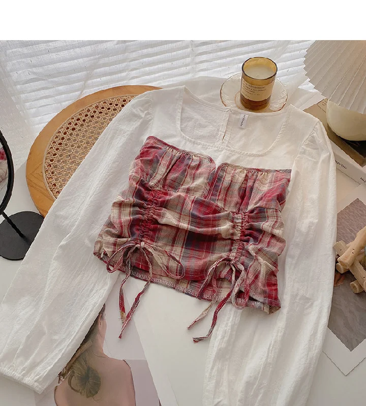 Now Available Plaid stitched shirt drawstring fake two tops  6378