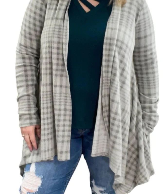 Online Only Plaid Fleecy Cardigan In Gray