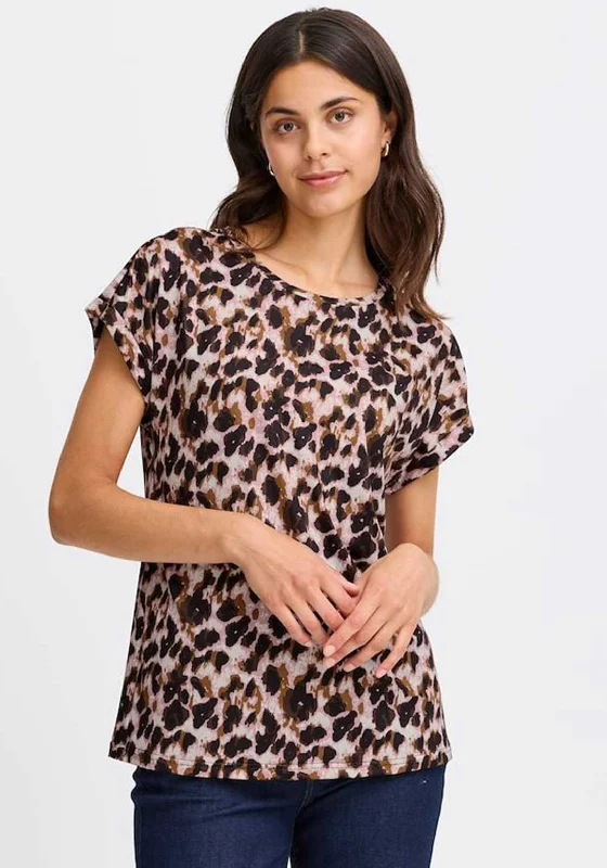 Referral Discount Fransa Seen Animal Print Round Neck T-Shirt, Pink