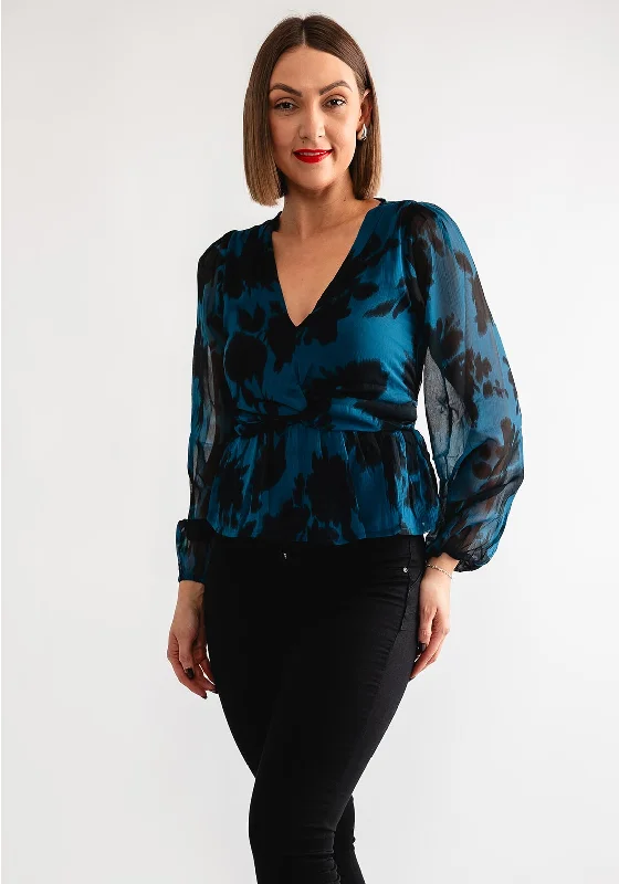 Members Only Tiffosi Amor Floral Blouse, Teal Blue