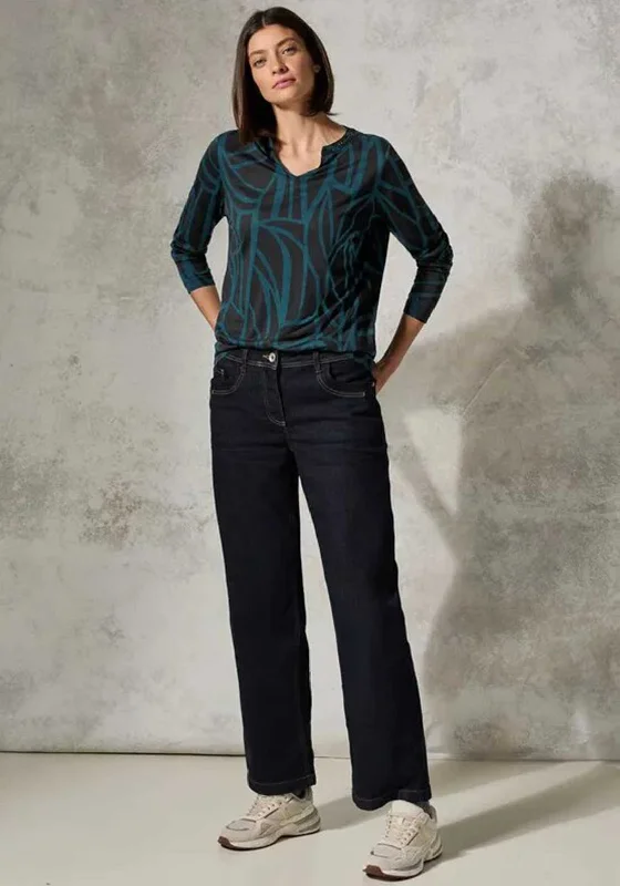 Weekend Offers That Thrill Cecil Geometric Print Top, Black and Teal