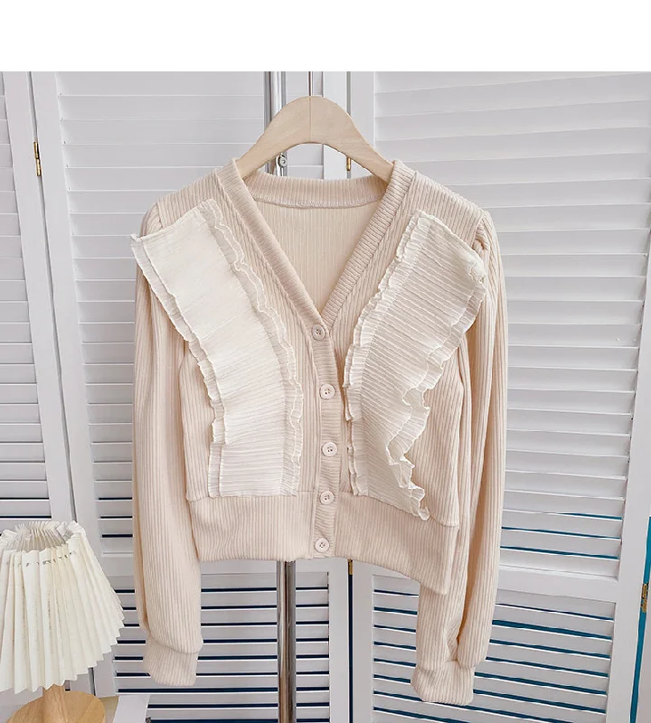 Unbeatable Deal Crimped lace V-neck Vintage shirt cardigan  6408
