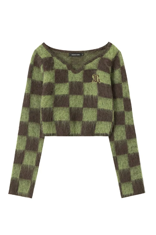 BerryBetty - V Neck Mohair Checkerboard Sweater