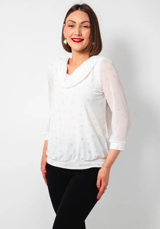 Weekend Deals That Dazzle Leon Collection Chiffon Cowl Neck Patterned Top, White