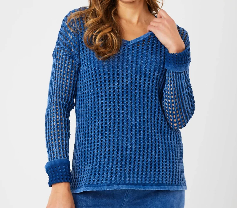 Midnight Sale Crochet V-Neck Sweater In Denim