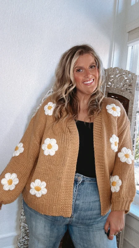 Seasonal Sale Touch Of Daisy Floral Knit Cardi, Camel