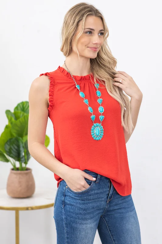 Half Price Red Solid Mock Neck With Ruffle Woven Top