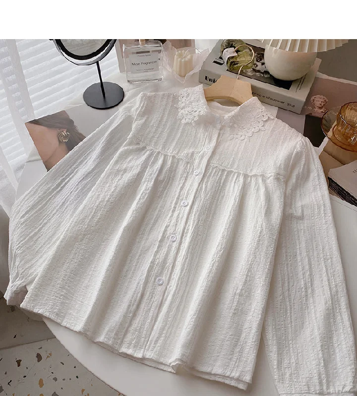 Savings Galore Cut out lace Lapel foreign style long sleeve top  6370