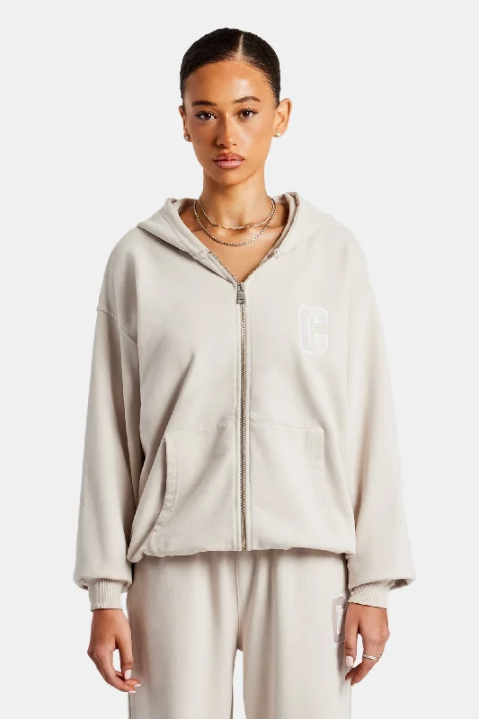 YEAR-End Clearance C Embroidered Zip Through Hoodie - Stone