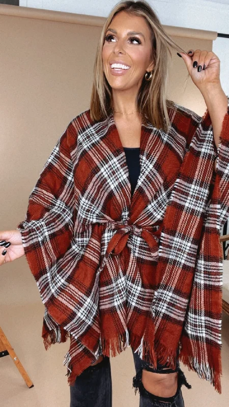 Season Finale Sale Perfect Plaid Wrap Poncho, Rust