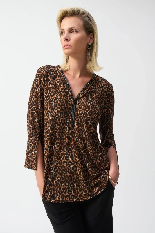 Big Savings Joseph Ribkoff Beige/Black Animal Print 3/4 Split Sleeve Tunic Top 244252