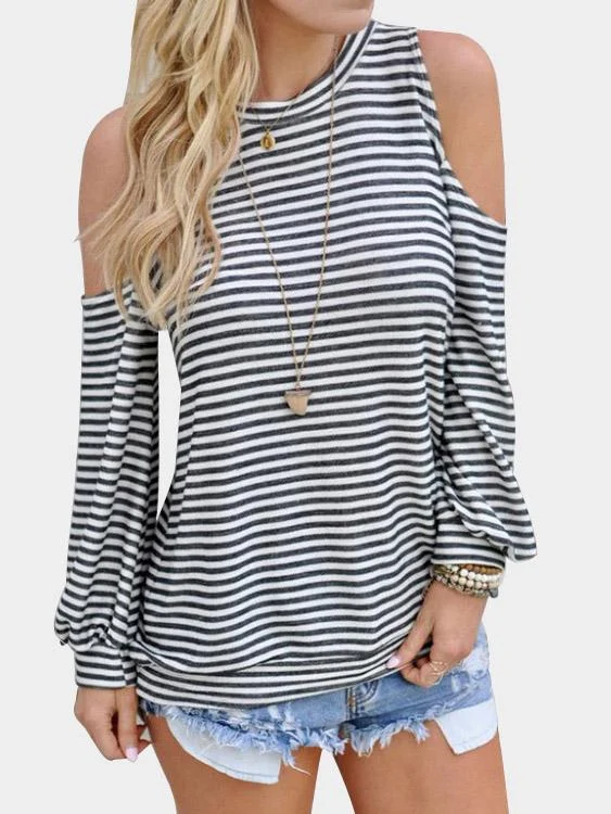 Custom Round Neck Cold Shoulder Stripe Long Sleeve Top