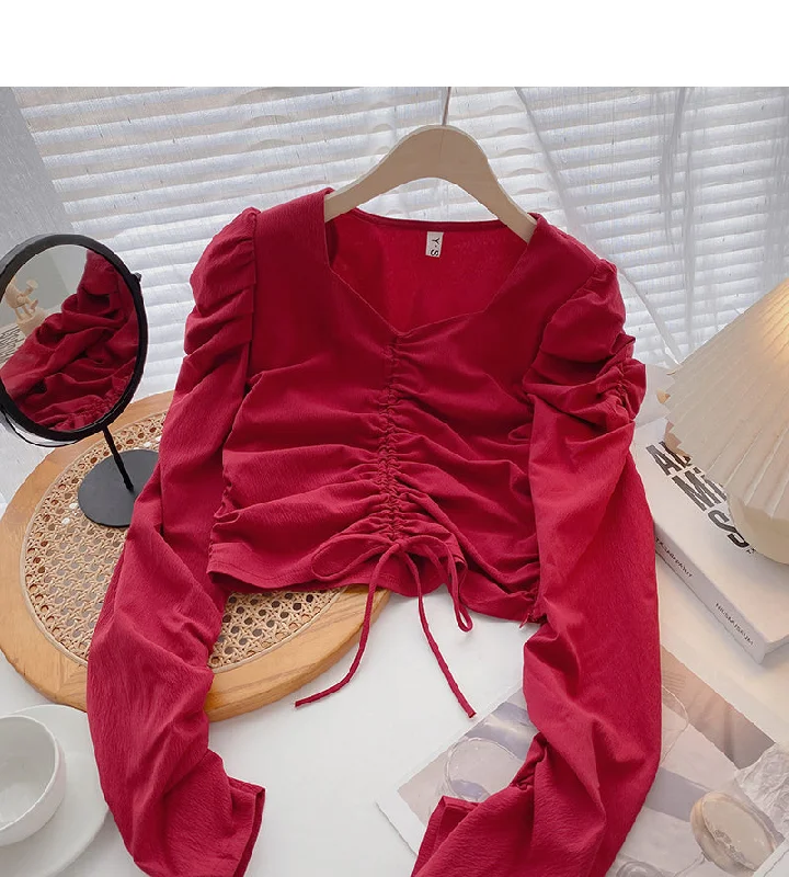 Special Price Drawstring pleated long sleeve shirt shows thin temperament top  6421