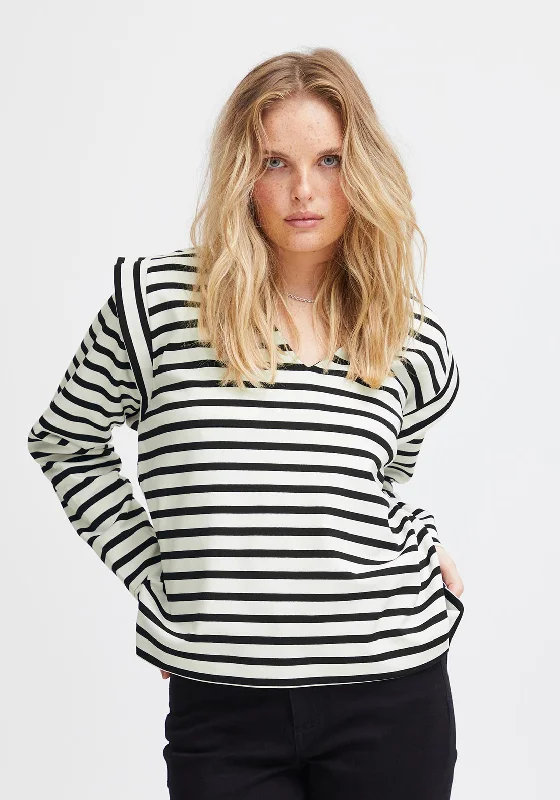 Midnight Sale Ichi Tira V-Neck Striped Sweatshirt, Black & White