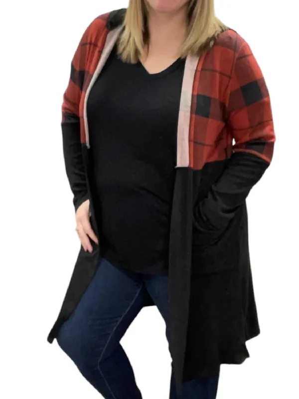 Final Markdown Hooded Buffalo Plaid Cardigan In Red/black