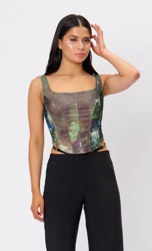 Weekend Savings Sensation Digital Print Mesh Corset Top