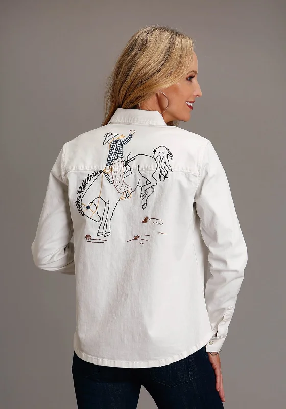 Limited Time Stetson Womens Bucking Bronco White Cotton Blend L/S Shirt