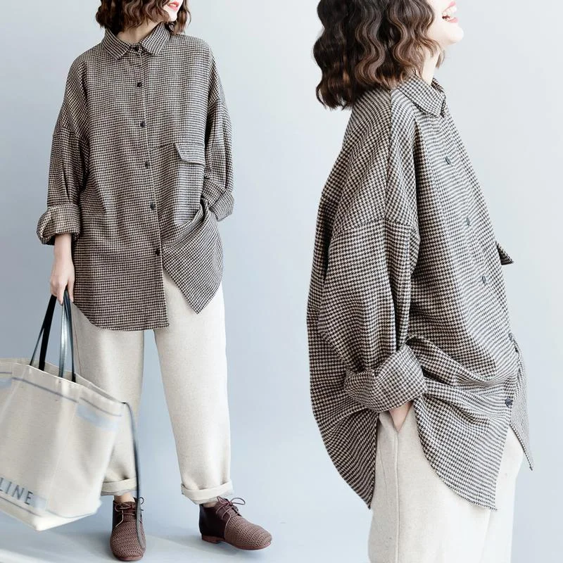 Weekend Flash Sale Women Loose Woolen Plaid Lapel Shirts