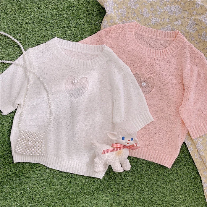 Closeout Deal hollow heart knitted sweater short sleeve  PL52574