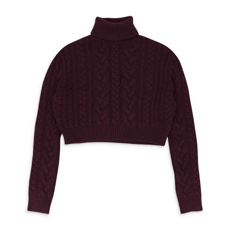 Weekend Discounts to Snag CABLE KNIT BURGUNDY TURTLENECK SWEATER
