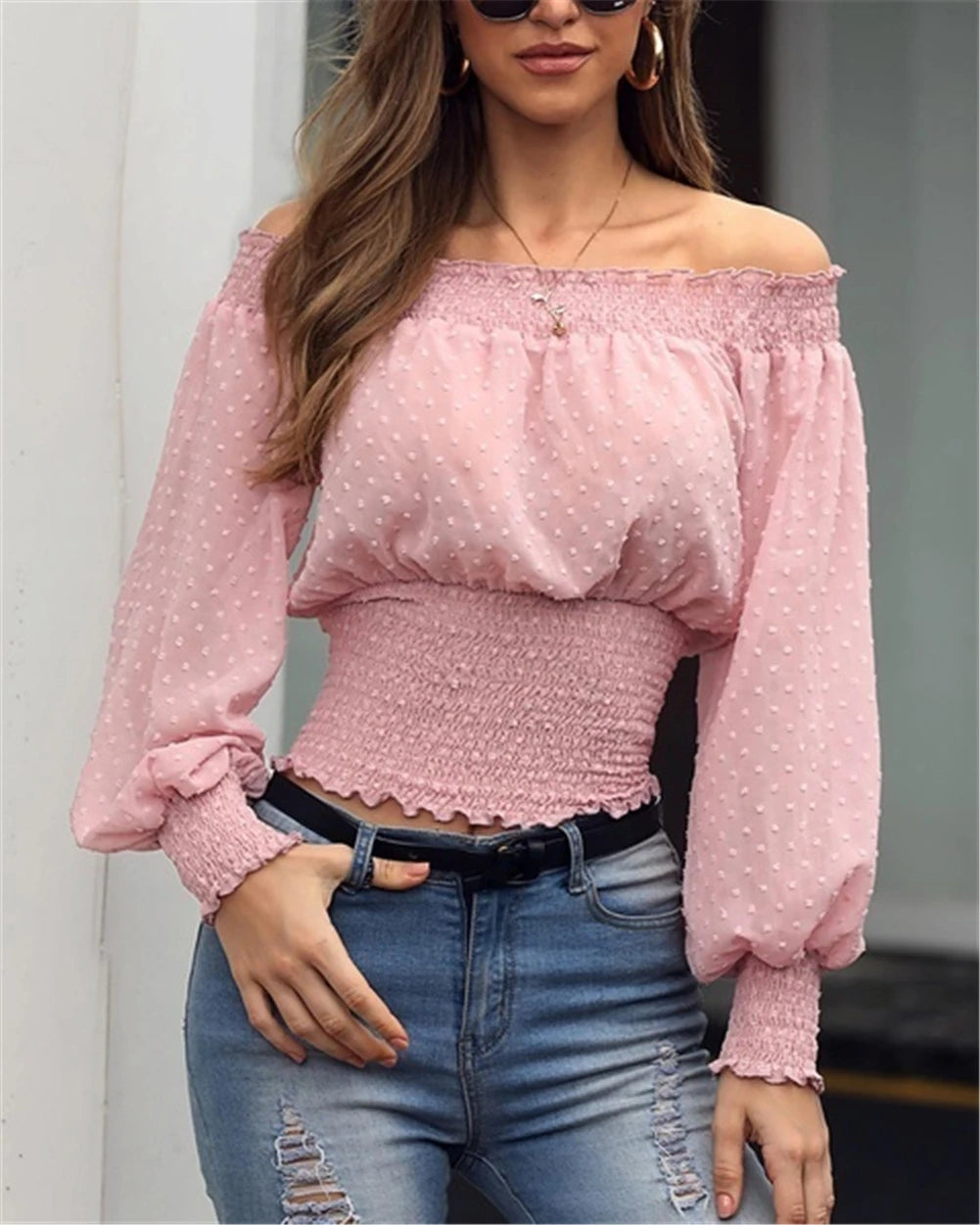 Hot Off Shoulder Autumn Chiffon Shirts Top Lady Women Long Sleeve Shirt Slim Casual Solid White Blouses     S2507