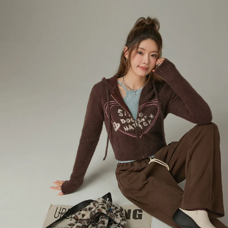 Discount Deals Heart Hooded Zip-Up Cardigan
