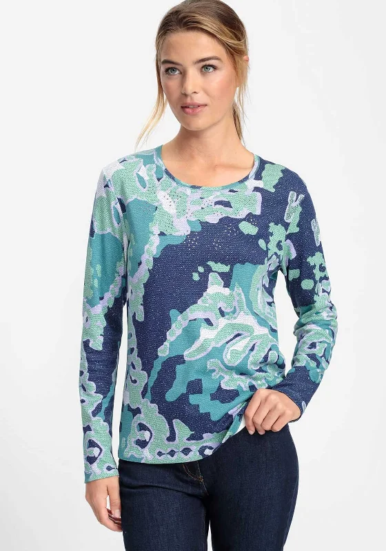 Deal of the Week Olsen Abstract Embellished Long Sleeve Top, Blue