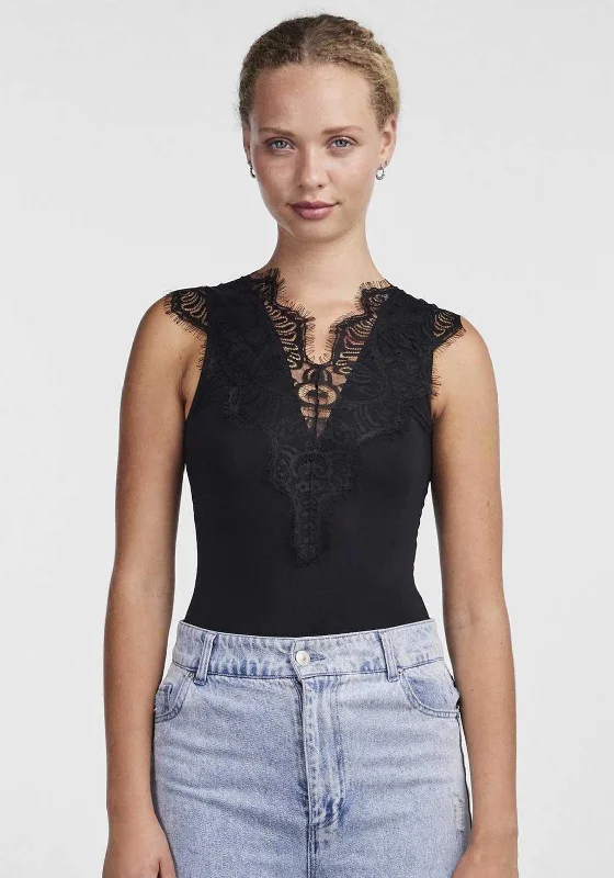 Weekend Discounts You Deserve Pieces Ilu Lace Neckline Bodysuit, Black