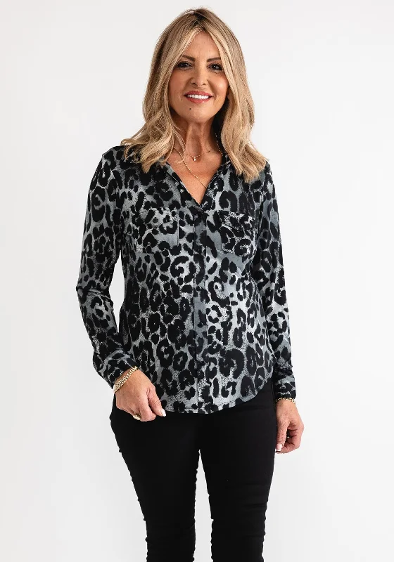 Value Deals Leon Collection Leopard Jersey Cropped Sleeve Top, Grey