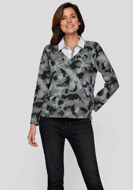 Super Deal Rabe Shirt Collar Fine Knit Top, Grey