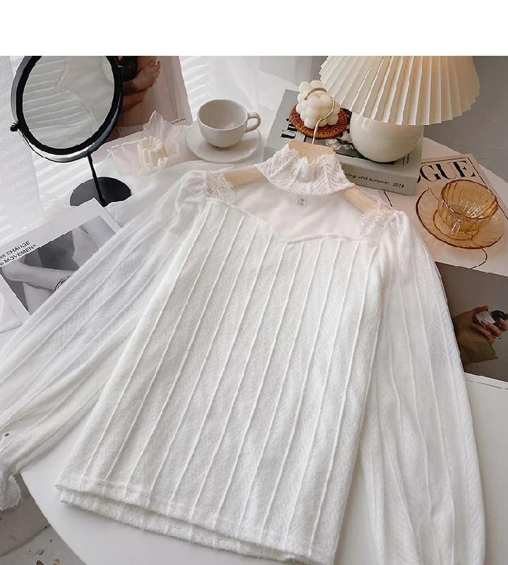 Weekend Specials to Relish Design sense thickened lace bottomed shirt stand collar top  6361