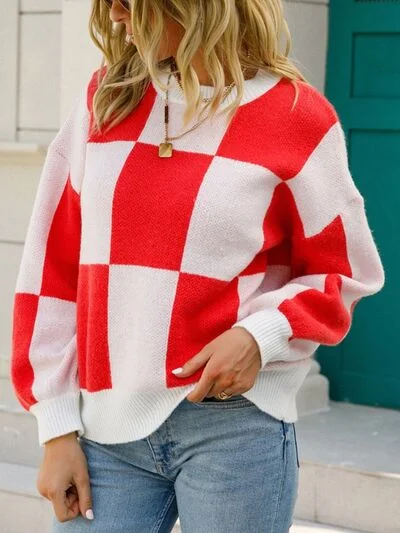 Buy Now Checkered Round Neck Dropped Shoulder Sweater