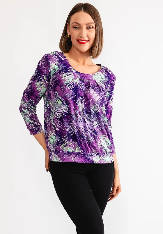 Deal Explosion Leon Collection Abstract Print Pleated Blouse, Purple and Green
