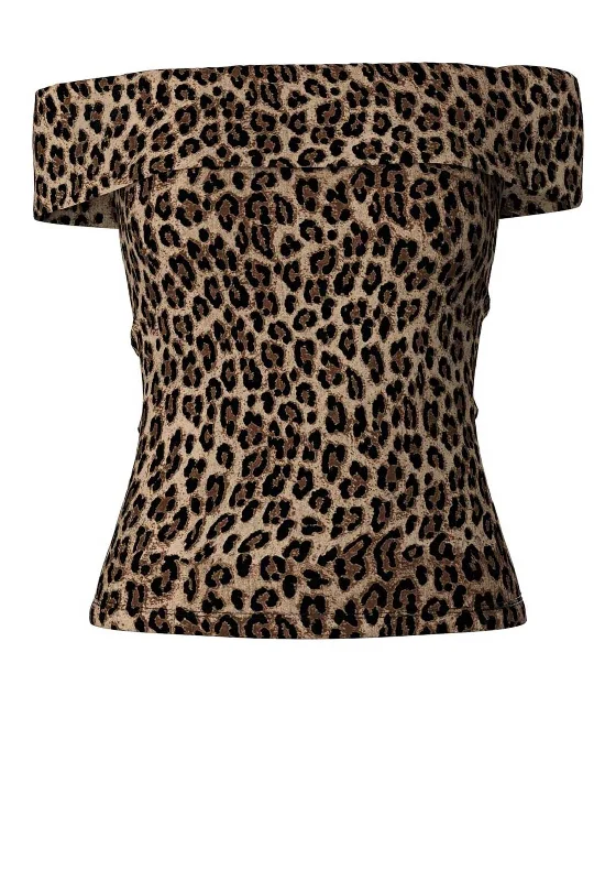 Time-Sensitive Pieces Georgina Leopard Off Shoulder Top, Brown