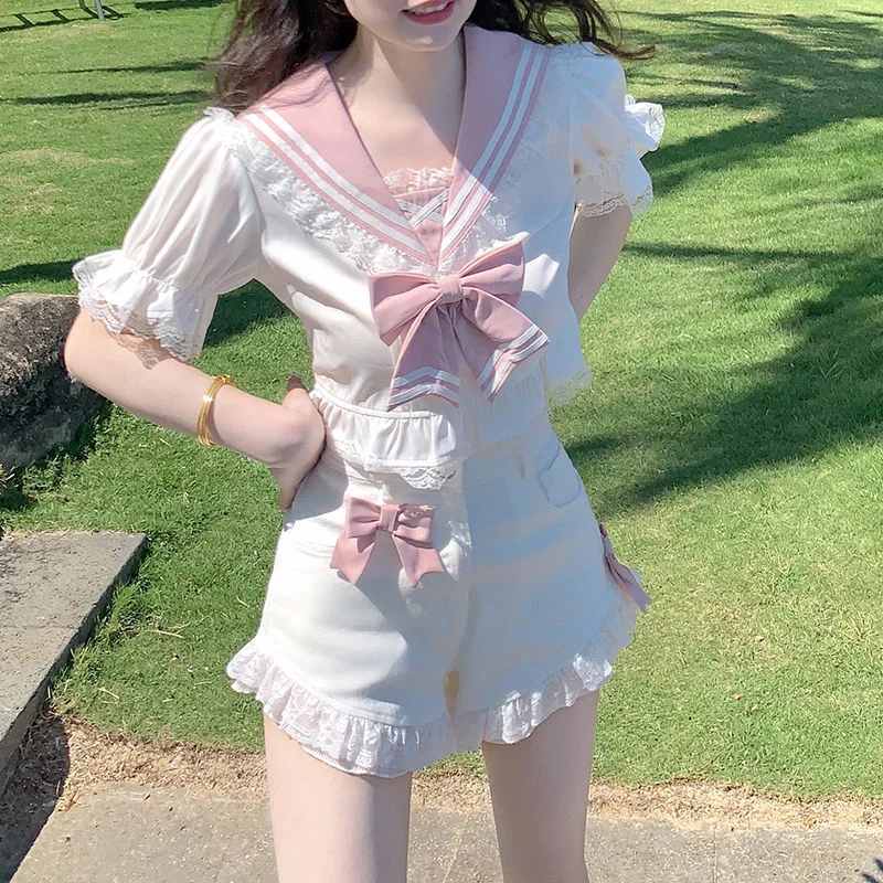 Weekend Deals That Sizzle Bowknot Navy Collar Puff Sleeve Top + High Waist Lace Shorts PL53411