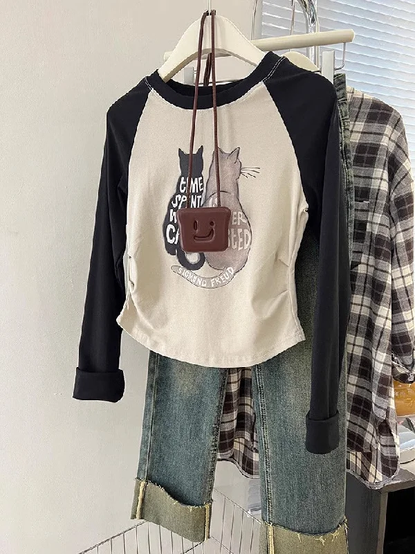 Retro Short Irregular Long Sleeve T-shirt Women's  Top     S3423