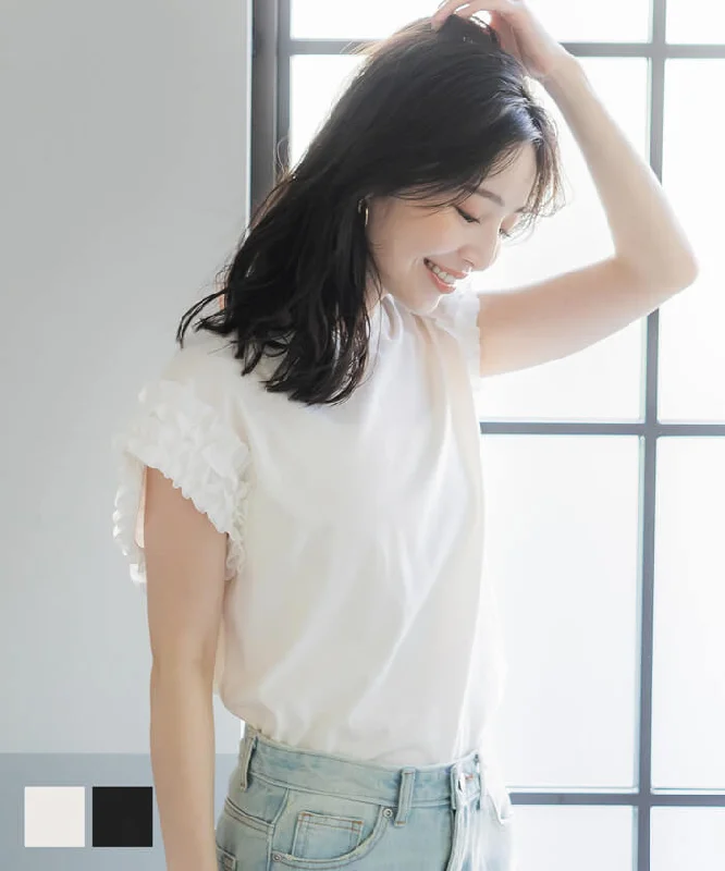 Year-End Sale Tシャツ レディース カットソー 肩フリル プルオーバー ミディアム丈 袖コンシャス 薄手 無地 メール便可 24ss coca コカ