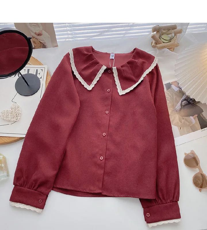 Midnight Madness Korean version of exotic age reducing lace doll neck long sleeve versatile top  6353