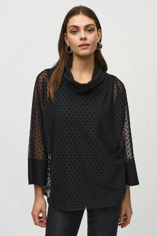 Joseph Ribkoff Black Polka Dot Mesh Overlay Cowl Neck Tunic Top 244178