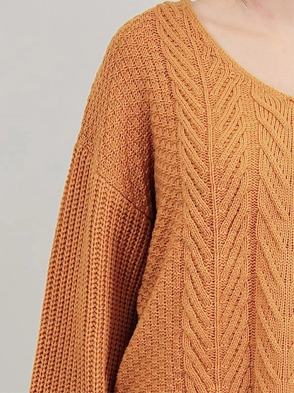 Special Discount V Neck Bell-Sleeve Cable-Knit Oversize Sweater Top