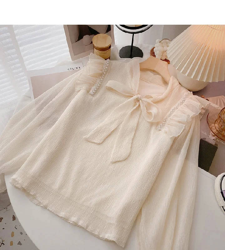 Overstock Sale New Korean version nail bead Ruffle slim long sleeve top  6428